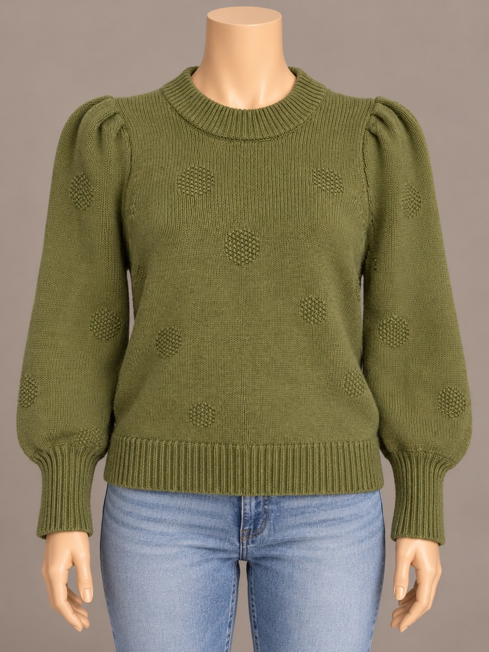 Madewell Dotted Eaton Puff-Sleeve Sweater Olive Green Wool Blend Small